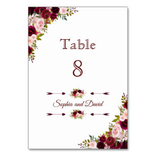 Chic Burgundy Marsala Floral Wedding TABLE NUMBER