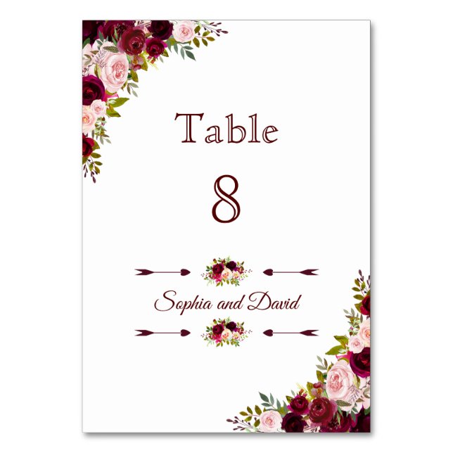 Chic Burgundy Marsala Floral Wedding TABLE NUMBER (Front)