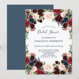 Chic Burgundy, Navy and Pink Floral Bridal Shower Invitation