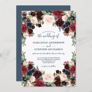 Chic Burgundy, Navy and Pink Floral Wedding Invitation