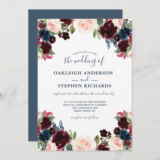 Chic Burgundy, Navy and Pink Floral Wedding Invitation (Front/Back)