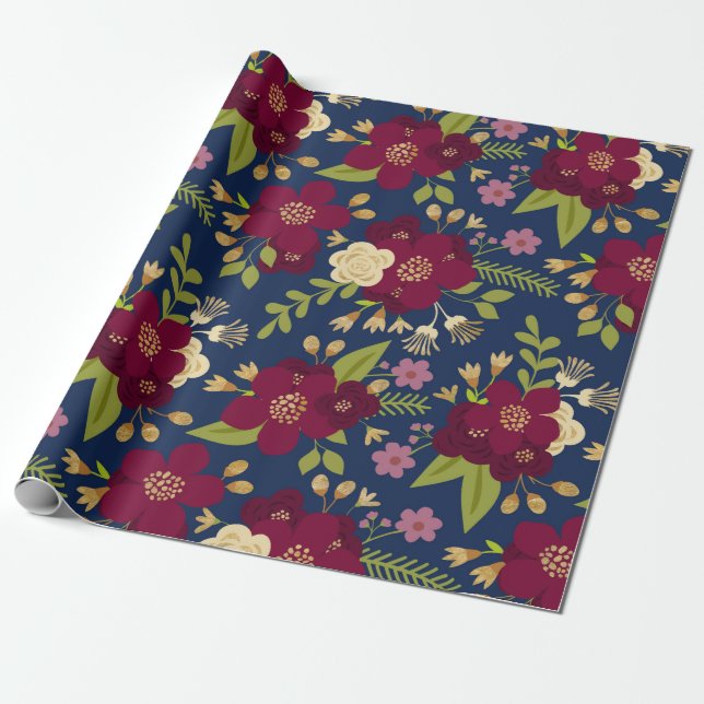 Chic Burgundy, Navy Blue and Gold Wedding Floral Wrapping Paper (Unrolled)