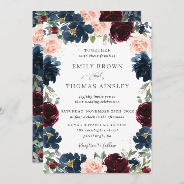 Chic Burgundy Navy Blue Blush Floral Wedding Invitation (Front/Back)