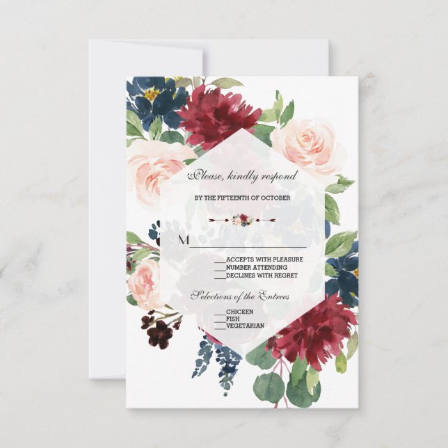 Chic Burgundy Navy Floral Frame Wedding RSVP (Front)