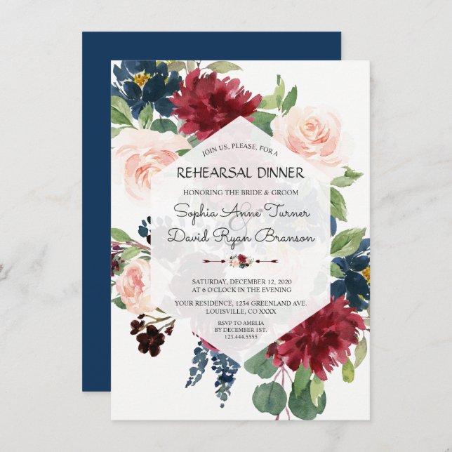 Chic Burgundy Navy Floral Hexagon Rehearsal Dinner Invitation (Front/Back)