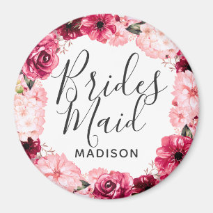 Chic Burgundy & Pink Floral Wreath Bridesmaid Magnet