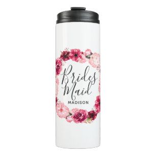 Chic Burgundy & Pink Floral Wreath Bridesmaid Thermal Tumbler