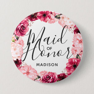 Chic Burgundy & Pink Floral Wreath Maid of Honour 7.5 Cm Round Badge