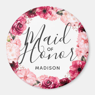 Chic Burgundy & Pink Floral Wreath Maid of Honour Magnet