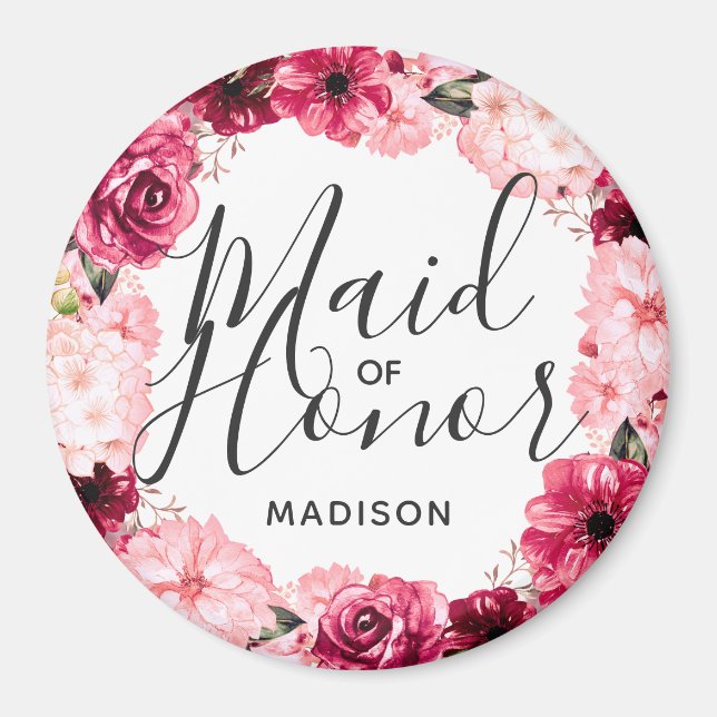 Chic Burgundy & Pink Floral Wreath Maid of Honour Magnet (Front)
