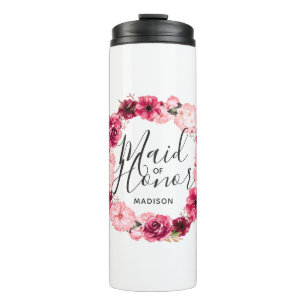 Chic Burgundy & Pink Floral Wreath Maid of Honour Thermal Tumbler
