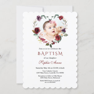 Chic Burgundy Pink Flowers Floral Photo Baptism Invitation