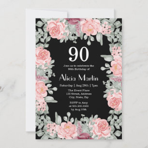Chic Burgundy Pink Roses Flora Black 90th Birthday Invitation