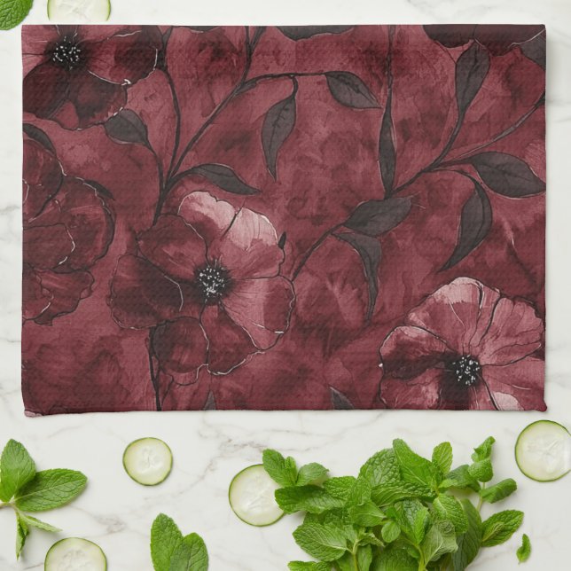 Chic Burgundy Red Floral Bridal Shower Tea Towel (Folded)