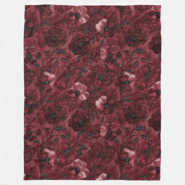 Chic Burgundy Red Floral Fleece Blanket (Front)