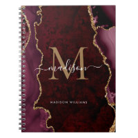 Chic Burgundy Red Gold Agate Geode Monogram Script