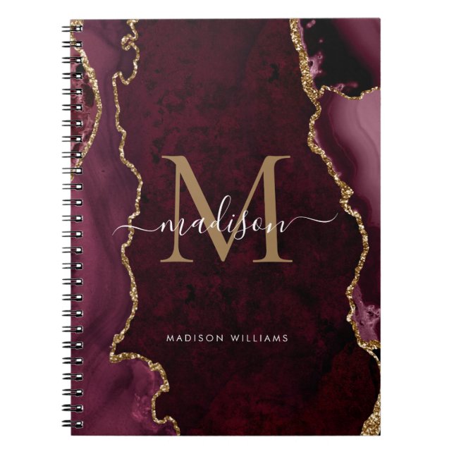 Chic Burgundy Red Gold Agate Geode Monogram Script Notebook (Front)