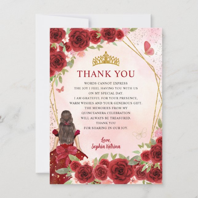 Chic Burgundy Red Gold Floral Princess Quinceañera Thank You Card (Front)