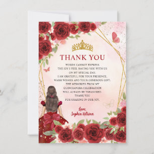Chic Burgundy Red Gold Floral Princess Quinceañera Thank You Card