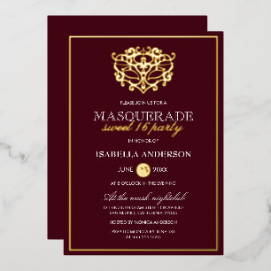 Chic Burgundy Red & Gold Masquerade Sweet 16 Party