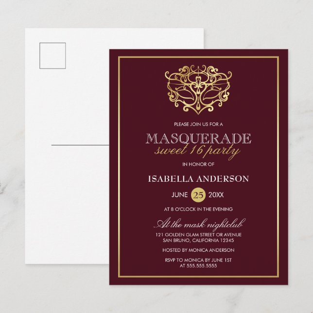 Chic Burgundy Red & Gold Masquerade Sweet 16 Party Invitation Postcard (Front/Back)