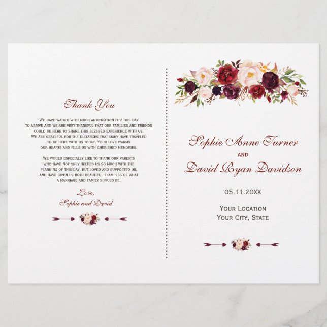 Chic Burgundy Red Marsala Floral Wedding Program (Front)