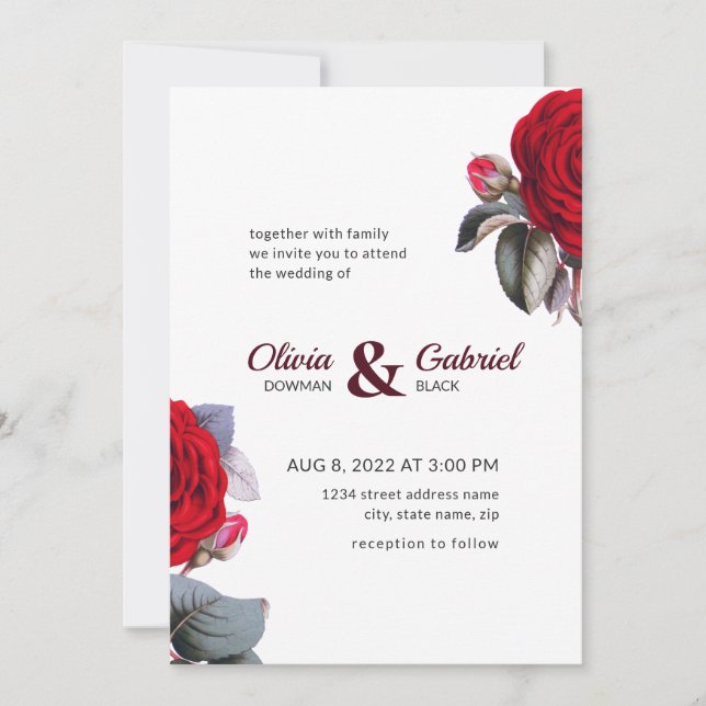 Chic Burgundy Red rose. Blossom Nature Wedding Invitation (Front)