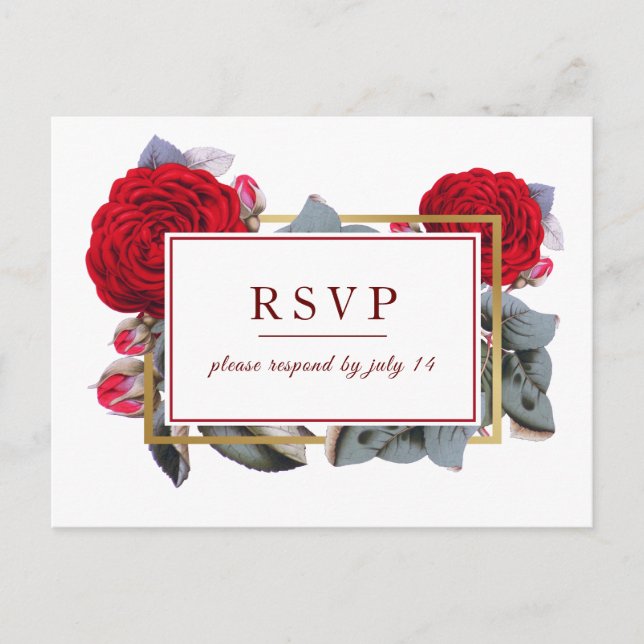 Chic Burgundy Red rose Blossom Nature Wedding RSVP Invitation Postcard (Front)