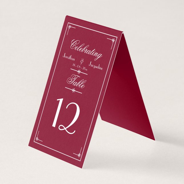 Chic Burgundy Red, White Calligraphy Table Card (Front)