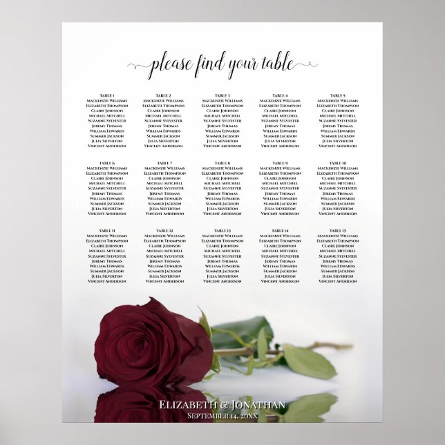 Chic Burgundy Rose 15 Table Wedding Seating Chart (Front)