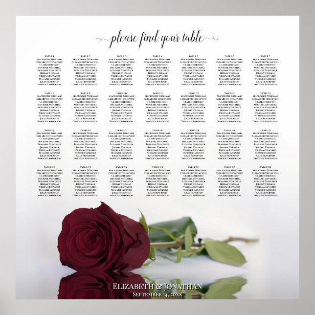 Chic Burgundy Rose 28 Table Wedding Seating Chart (Front)