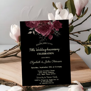 Chic Burgundy Roses Black Wedding Anniversary Invitation