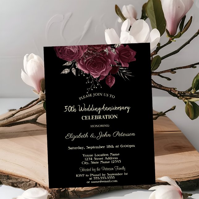 Chic Burgundy Roses Black Wedding Anniversary Invitation (Creator Uploaded)