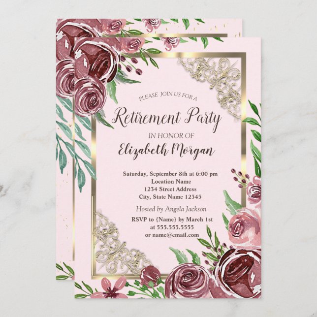 Chic Burgundy Roses Gold Frame Retirement  Invitation (Front/Back)