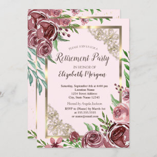 Chic Burgundy Roses Gold Frame Retirement  Invitation