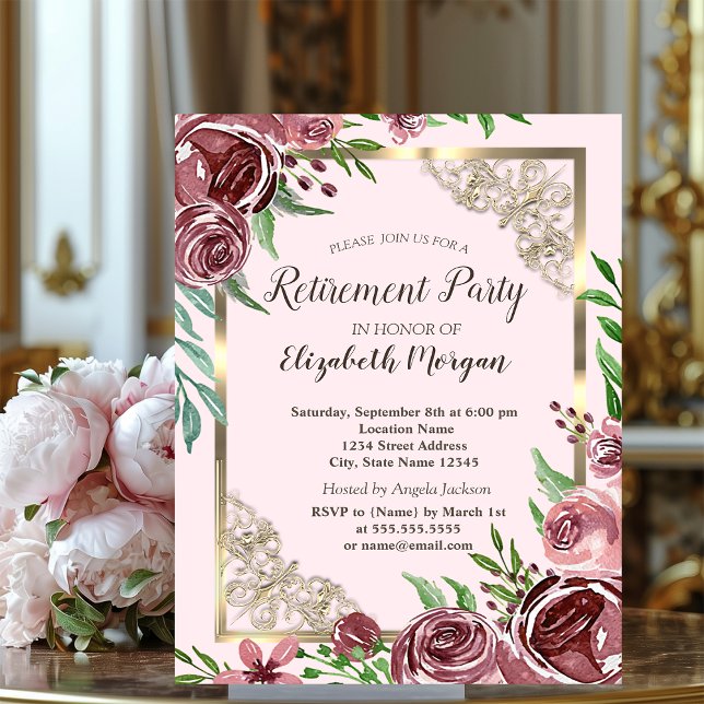 Chic Burgundy Roses Gold Frame Retirement  Invitation (Creator Uploaded)
