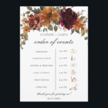 Chic Burgundy Rust Floral Wedding Order of Event  Program<br><div class="desc">Personalise this chic Burgundy Burnt Orange Floral wedding order of events easily and quickly, simply press the customise it button to further re-arrange and format the style and placement of the text. Extra timeline icons such as a church, a floral arbor and a camera are included (on the right hand...</div>