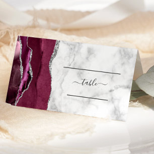 Chic Burgundy Silver Agate Marble Wedding Place Card