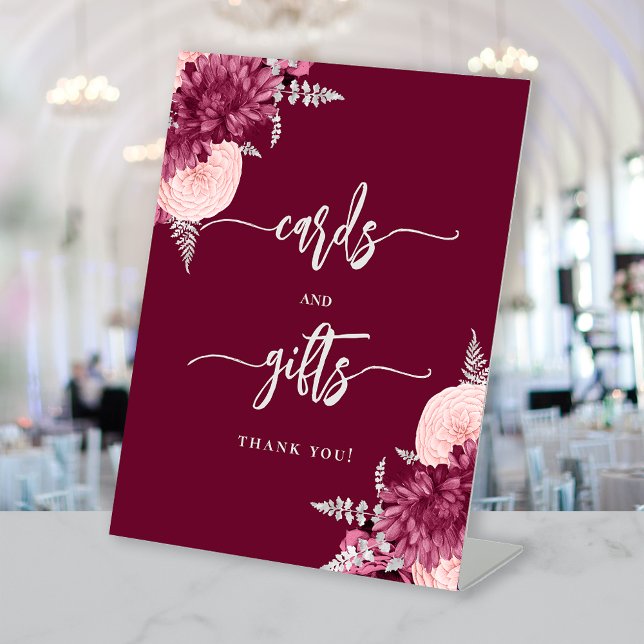 Chic Burgundy Silver Floral Wedding Cards Gifts Pedestal Sign (Creator Uploaded)