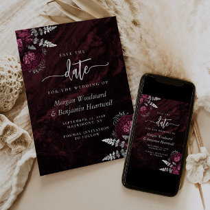 Chic Burgundy Silver Floral Wedding Save the Date Invitation