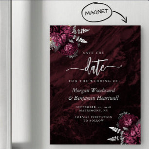 Chic Burgundy Silver Floral Wedding Save the Date Magnetic Invitation