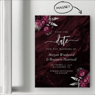 Chic Burgundy Silver Floral Wedding Save the Date Magnetic Invitation