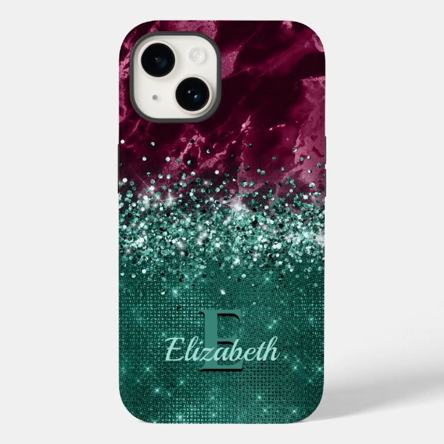 Chic Burgundy Teal Mint Glitter Marble Monogram Case-Mate iPhone Case (Back)