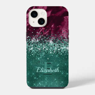Chic Burgundy Teal Mint Glitter Marble Monogram iPhone 14 Case