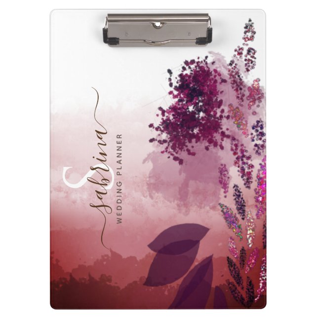 Chic Burgundy Watercolor Floral Monogram Signature Clipboard (Front)