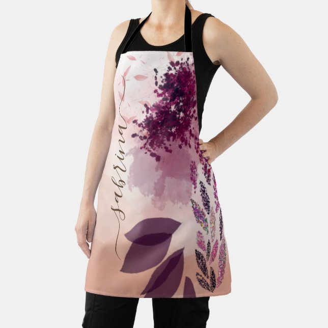 Chic Burgundy Watercolor Floral Signature Apron (Insitu)
