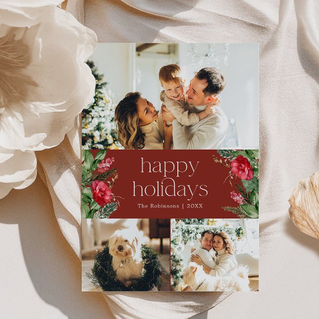 Chic Burgundy Watercolor Greenery 3 Photo  Holiday Card (Creator Uploaded)