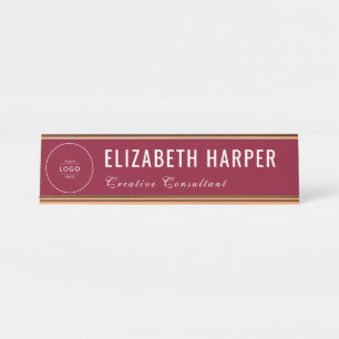 Chic Burgundy & White Business Logo Custom Desk Name Plate
