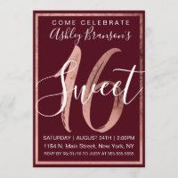 Chic Burgundy White Faux Rose Gold Foil Sweet 16