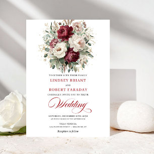 Chic Burgundy White Floral Eucalyptus Gold Wedding Invitation